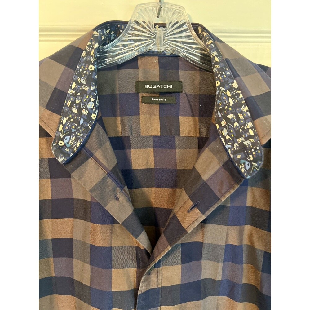 Bugatchi Shaped Fit Shirt Mens Large L Brown Blue Plaid Cityscape Cuff Contrast